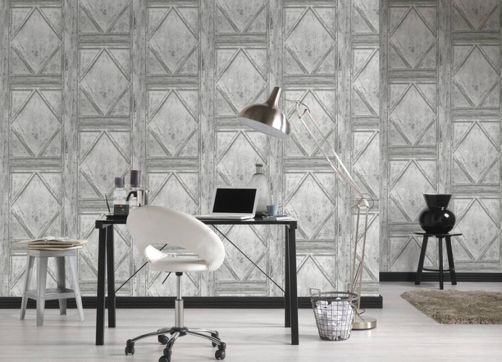 Loft Vintage Textured Wallpaper Featuring Boxes Wood, Gray White, Sample