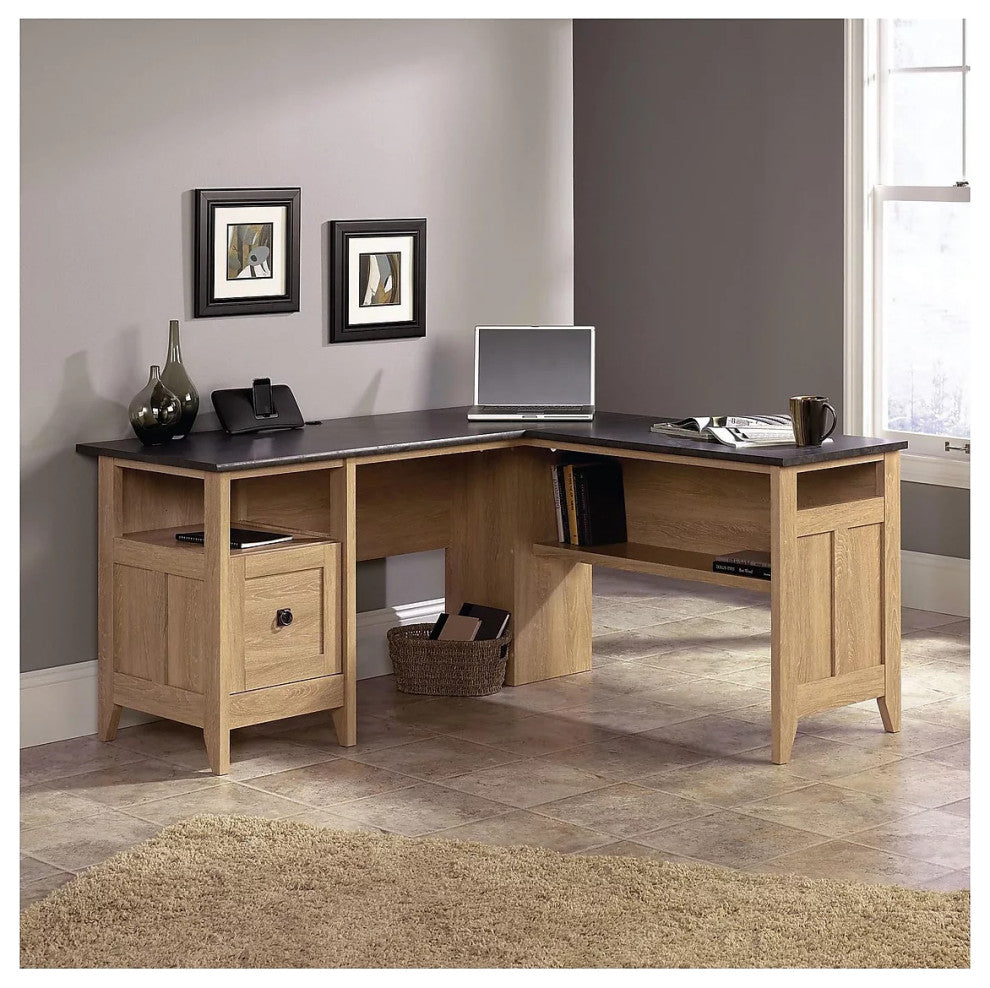 L-Shaped Desk, Large Top With File Drawer & Open Shelf, Dover Oak/Dark Slate