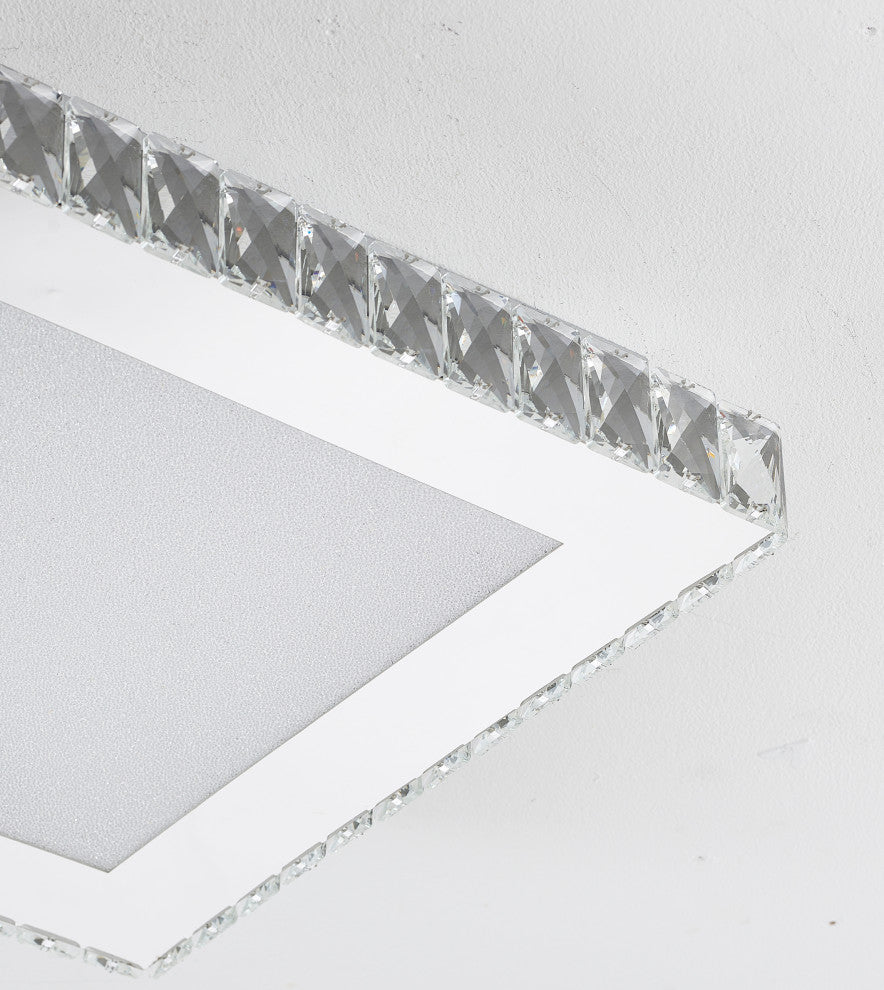 Square Clear Crystal Flush Mount, Stainless Steel Frame, Beaded Crystal Cover