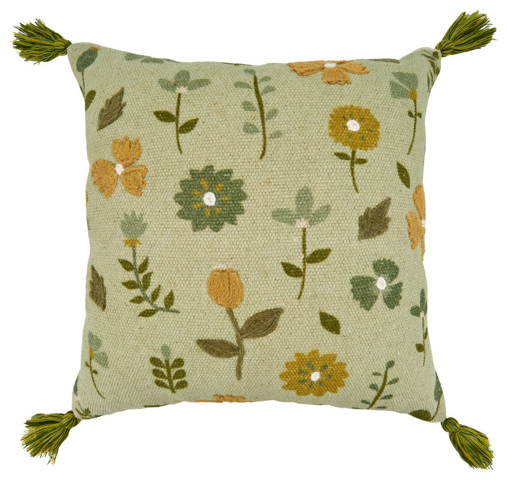 Down Filled Throw Pillow With Embroidered Floral Design, 20"x20", Green