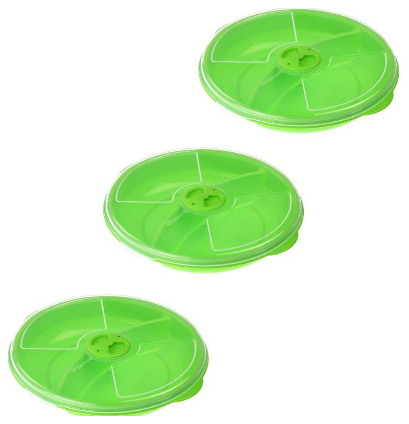 Two Compartment Microwave Tray with Cover, Green, Pack of 3
