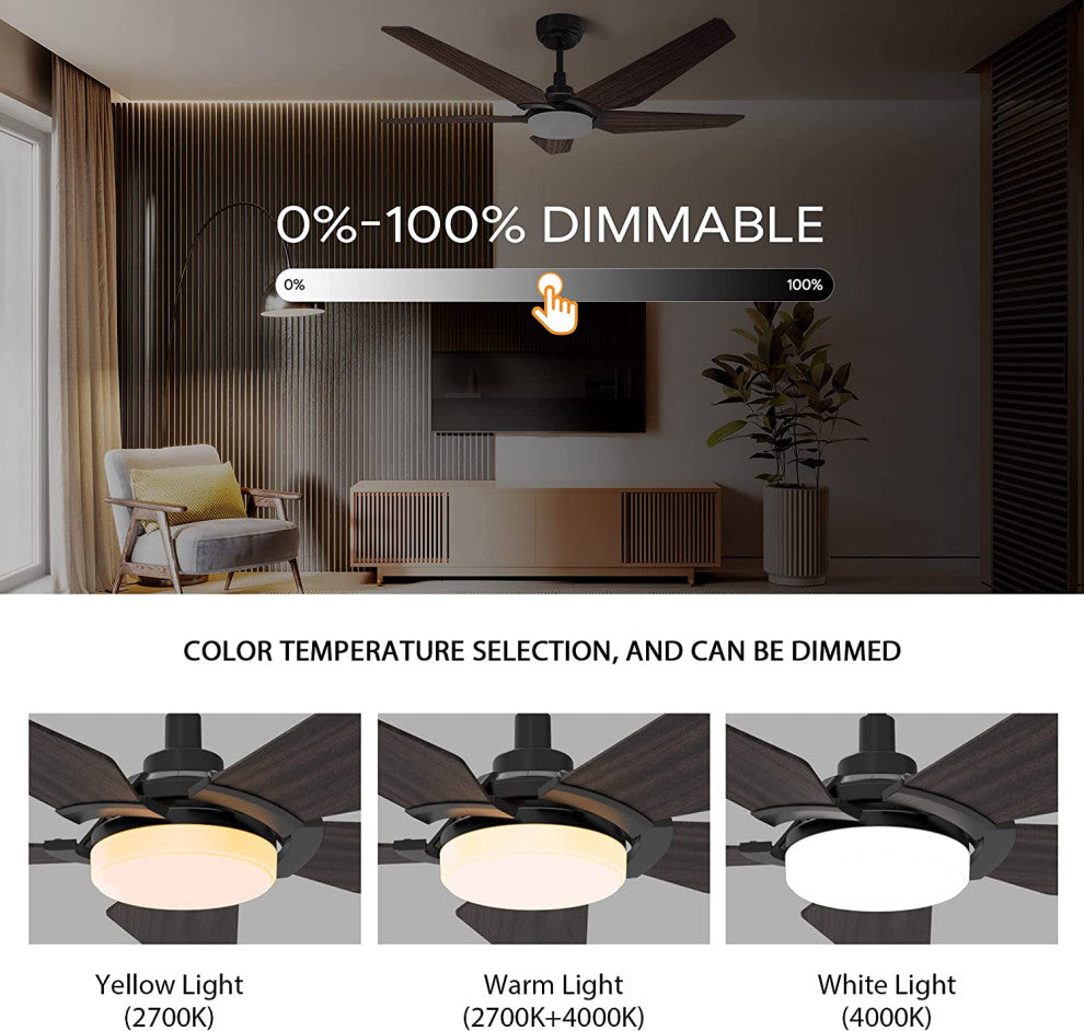 CARRO Smart Voice Control Ceiling Fan with Dimmable LED Light and Remote, Walnut, 52" Downrod