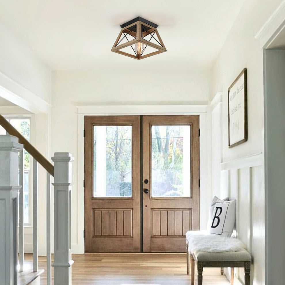 Farmhouse Rustic 1-Light Geometric Flush Mount, Brown