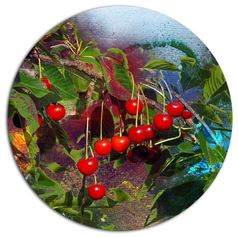 Summer And Cherries Watercolor, Floral Large Disc Metal Wall Art, 11"