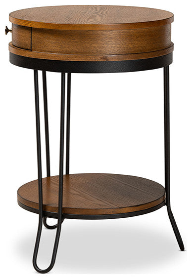 Vintage Rustic Industrial Walnut Brown Wood and Black 1-Drawer Metal End Table