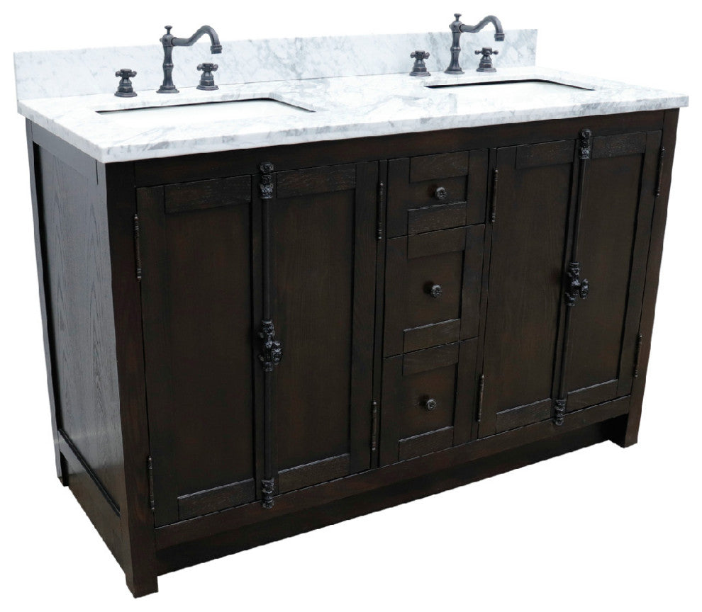 55" Double Vanity, Brown Ash With White Carrara Top, Mirrors and Rectangle Sinks