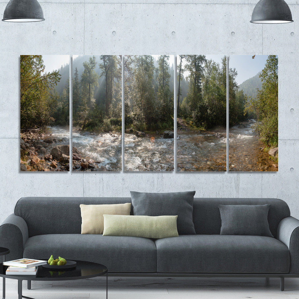 Mountain River Panorama, Landscape Canvas Art Print, 60"x28", 5 Panels