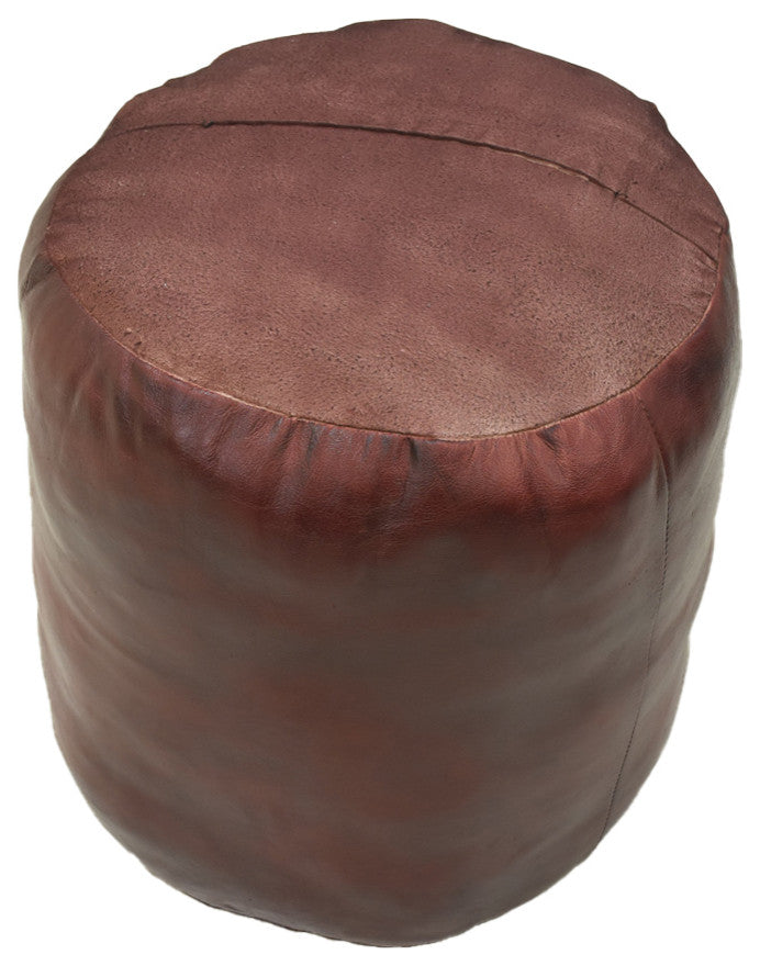 Pouf-Solid Handmade Leather Pouf (Recycled Foam with Fiber Fill), Cherry, [Round} 18x18x18