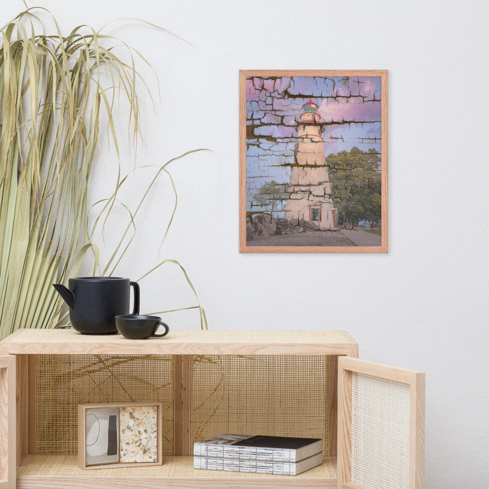 Faux Wood Texture Marblehead Lighthouse at Sunset Framed Photo Wall Art Print, Red Oak, 16" X 20"
