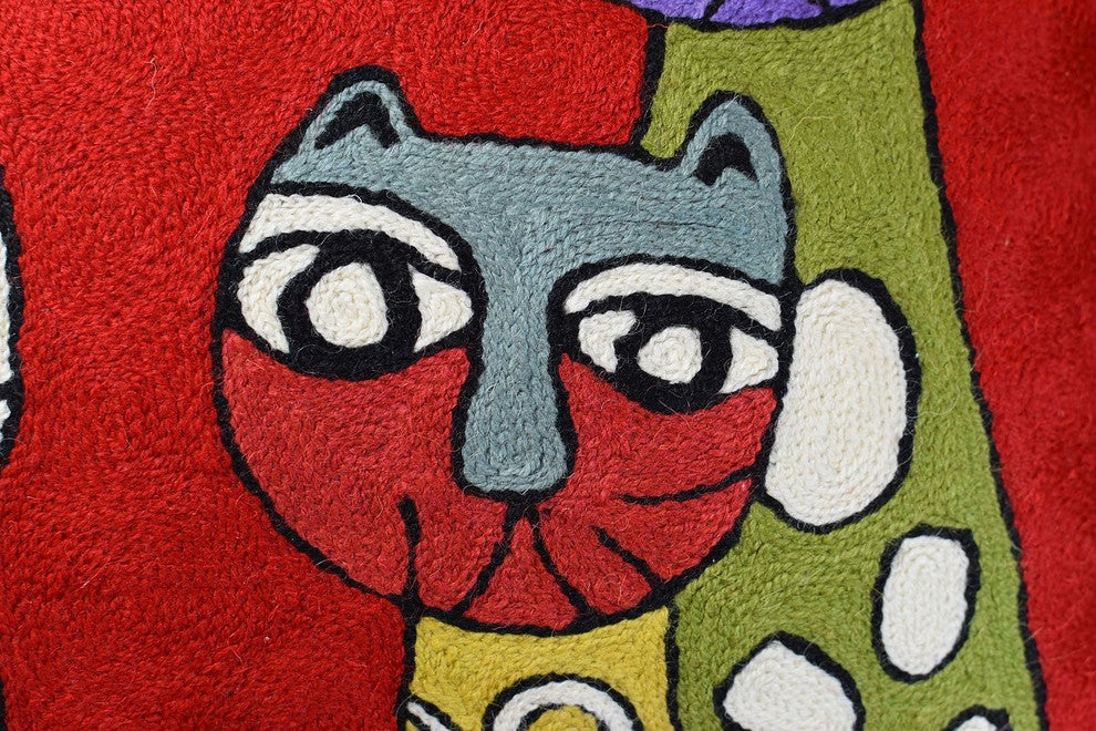 Lumbar Red Pillow Cover Cat Picasso Four Kitties Pillowcase Handmade Wool 14x20