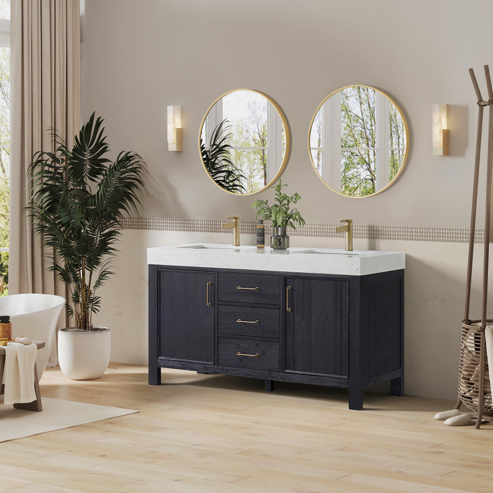 Leon Bath Vanity With Composite Stone Top, Fir Wood Black, 60"double Sink, No Mirror