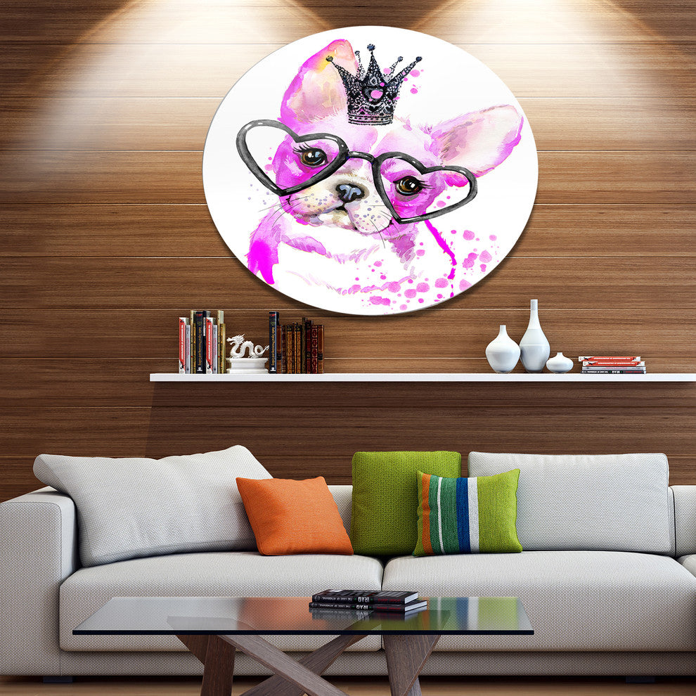 Cute Pink Dog With Heart Glasses, Animal Art Disc Metal Wall Art, 36"