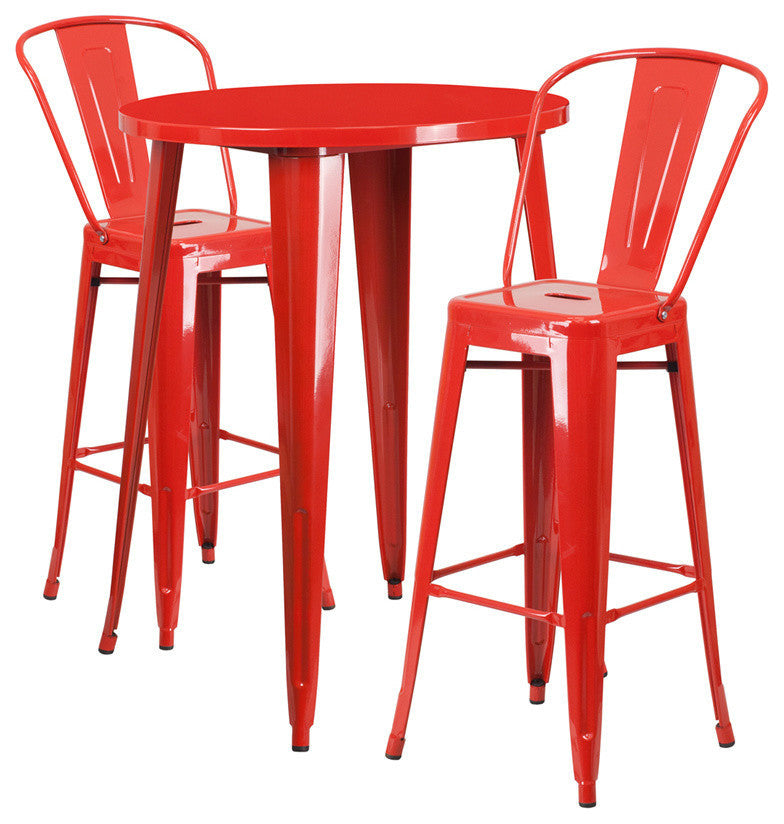 30'' Round Red Metal Indoor-Outdoor Bar Table Set With 2 Cafe Barstools