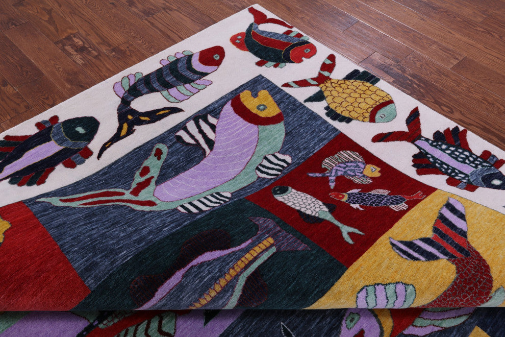 8' 11" X 12' 3" Gabbeh Fish Design Hand Knotted Wool Rug - Q13525