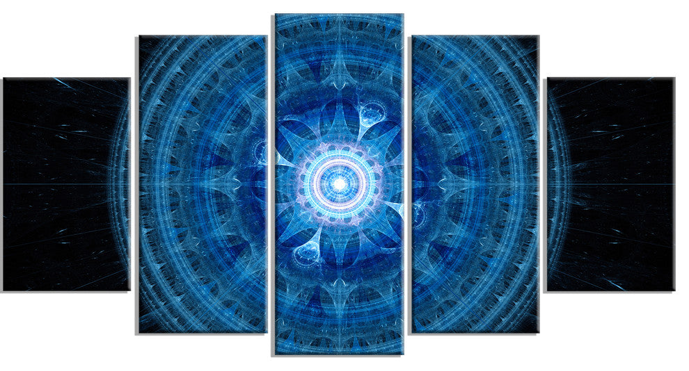 Bright Blue Fractal Sphere, Contemporary Wall Art Canvas, 60"x32", 5 Panels