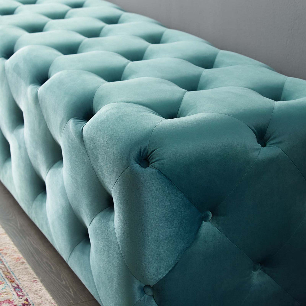 Tufted Accent Chair Bench, Velvet, Blue, Modern, Living Lounge Hotel Hospitality