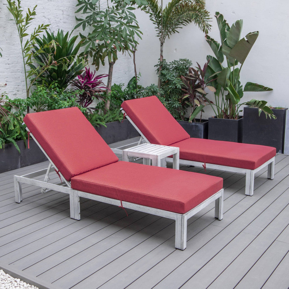 LeisureMod Chelsea Weathered Gray Chaise Lounge and Side Table Set of 2, Red
