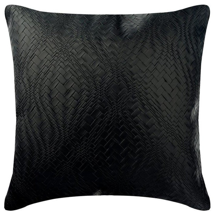 Textured Black Faux Leather & Suede 18"x18" Pillow Cover, Black Diamond