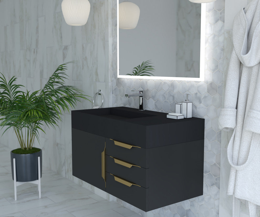 CastelloUSA Amazon 36" Wall Mount Vanity Set, Black, Black Top, Gold Handles