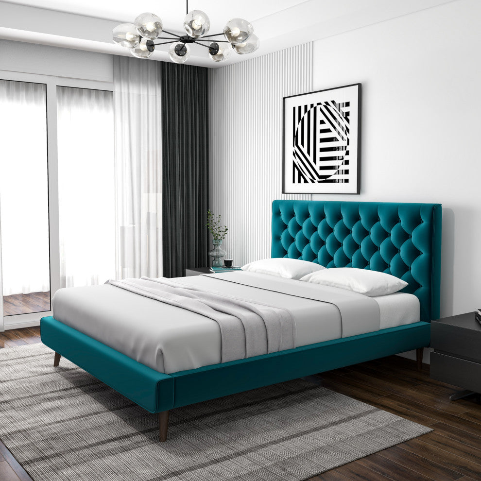 Ashley Midcentury Velvet Tufted Solid Wood Platform Bed, Teal, Queen