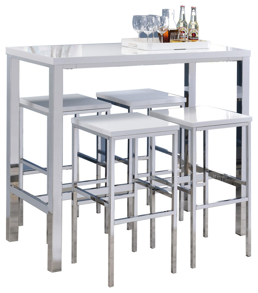 5 Piece Bar Height Dining Set, White and Chrome