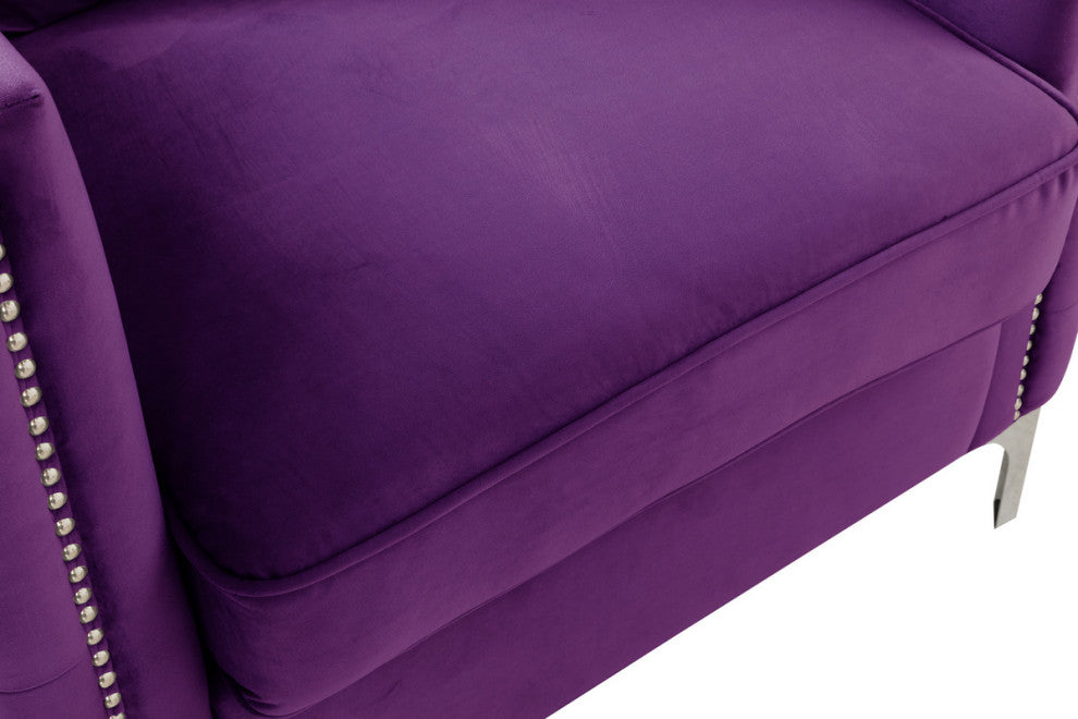Bayberry Velvet Sofa With 3 Pillows, Purple