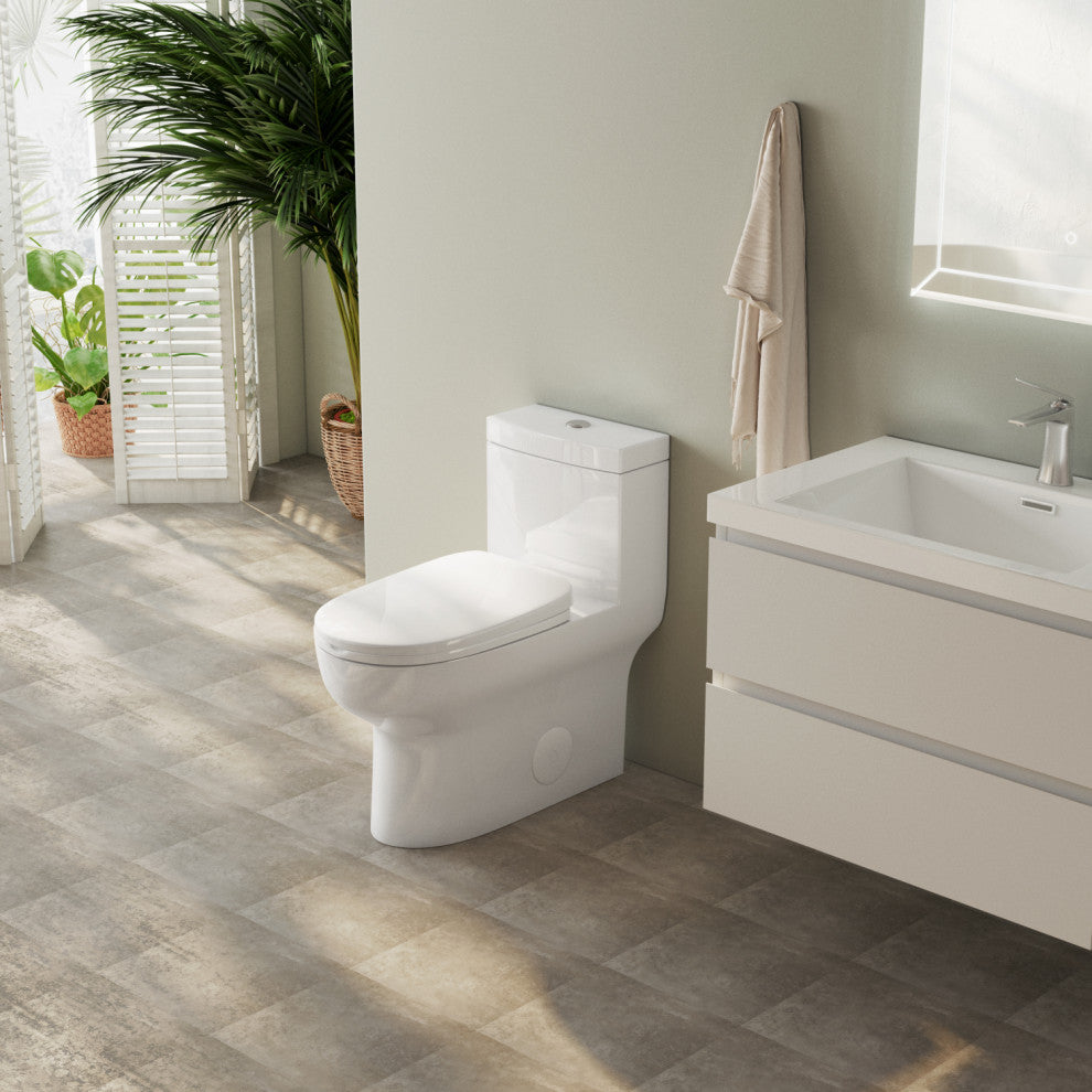 Sinber 28" One Piece Bathroom Toilet with Cotton White Finish and and Dual Flush