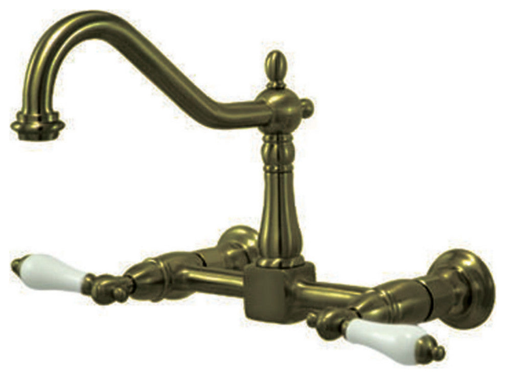 Kingston Brass Two-Handle Wall Mount Bridge Kitchen Faucet, Antique Brass