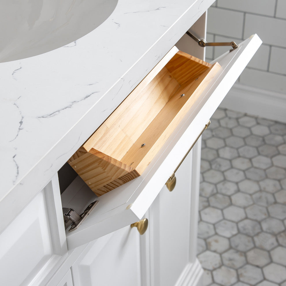 72" Palace Quartz White Vanity With Brass Hardware, Faucets and Chrome Mirrors