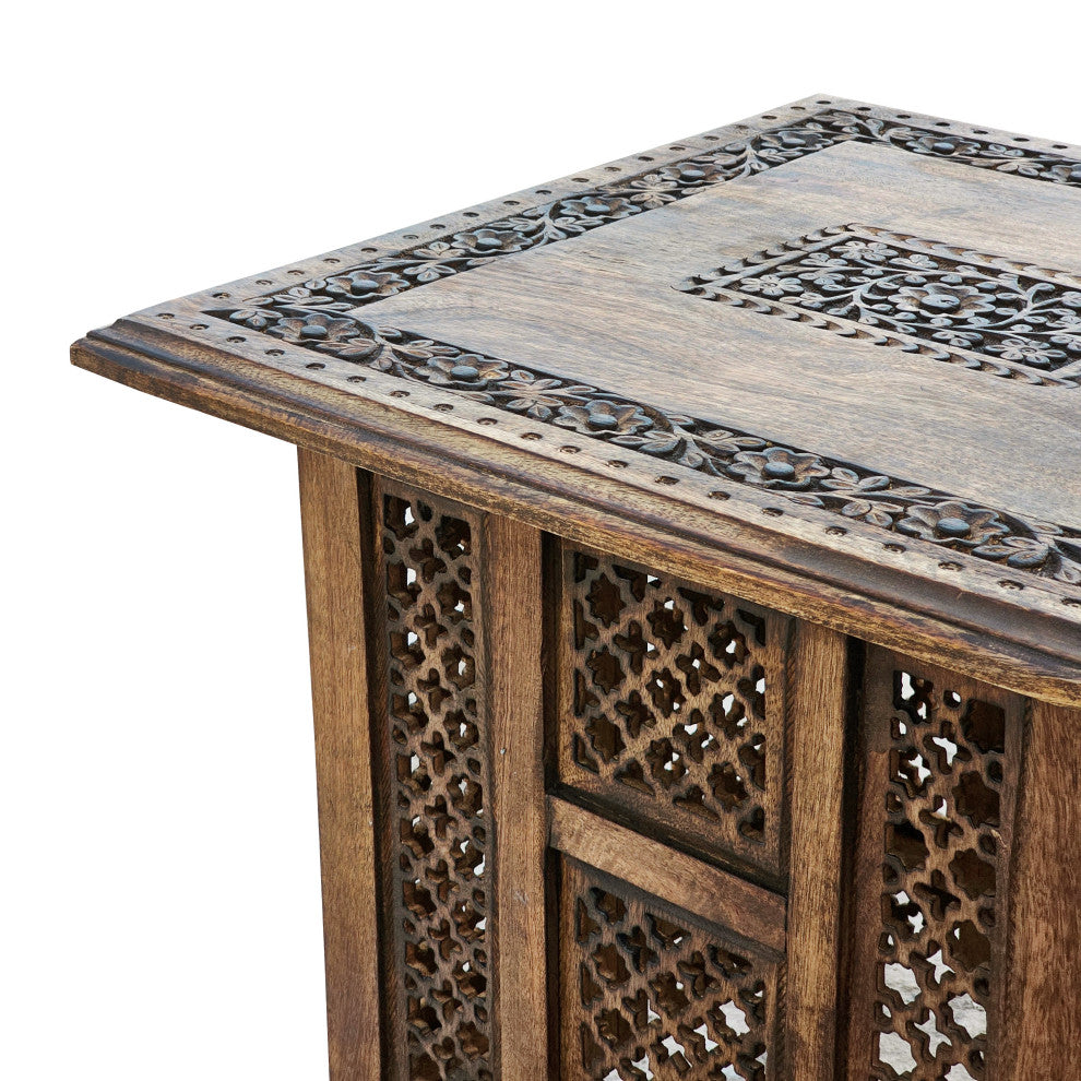 21" Boho End Table Floral Carved Foldable Panel Legs Walnut Brown