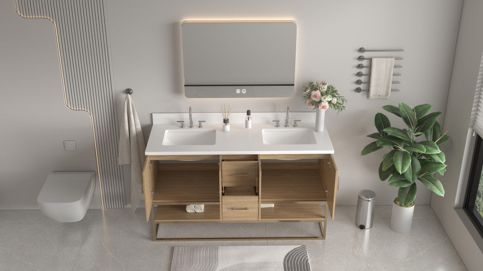 Light Oak Lima Bathroom Vanity With Open Shelf & Gold Leg Base, 60" Double Sink