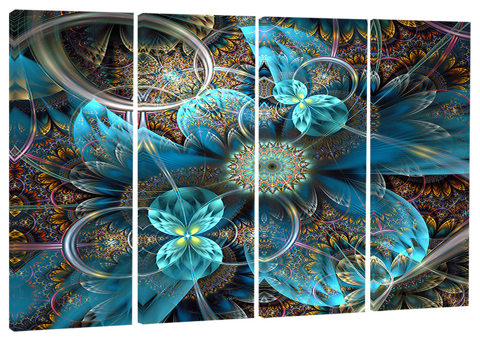 "Fractal Blue Flowers" Digital Floral Canvas Print, 4 Panels, 48"x28"