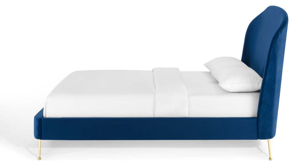Platform Bed Frame, Queen Size, Velvet, Blue Navy, Modern Contemporary, Bedroom