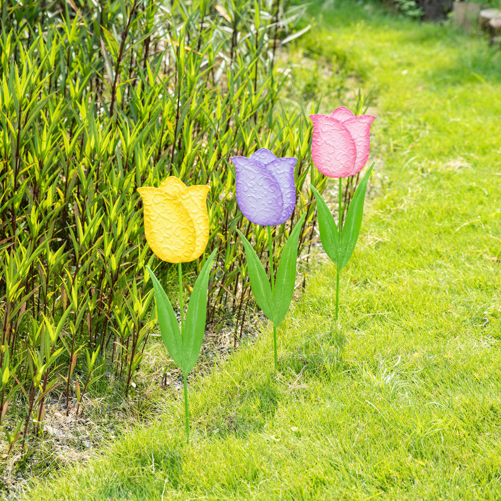 24"H Easter Metal Tulips Yard Stake, 3-Piece Set