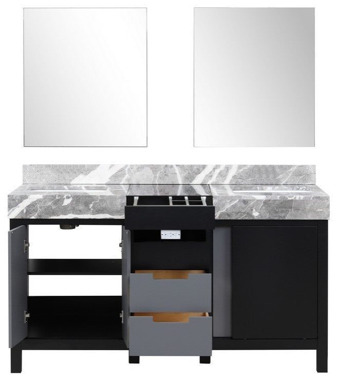 Zilara 60" Black and Grey Double Vanity, 28" Frameless Mirrors