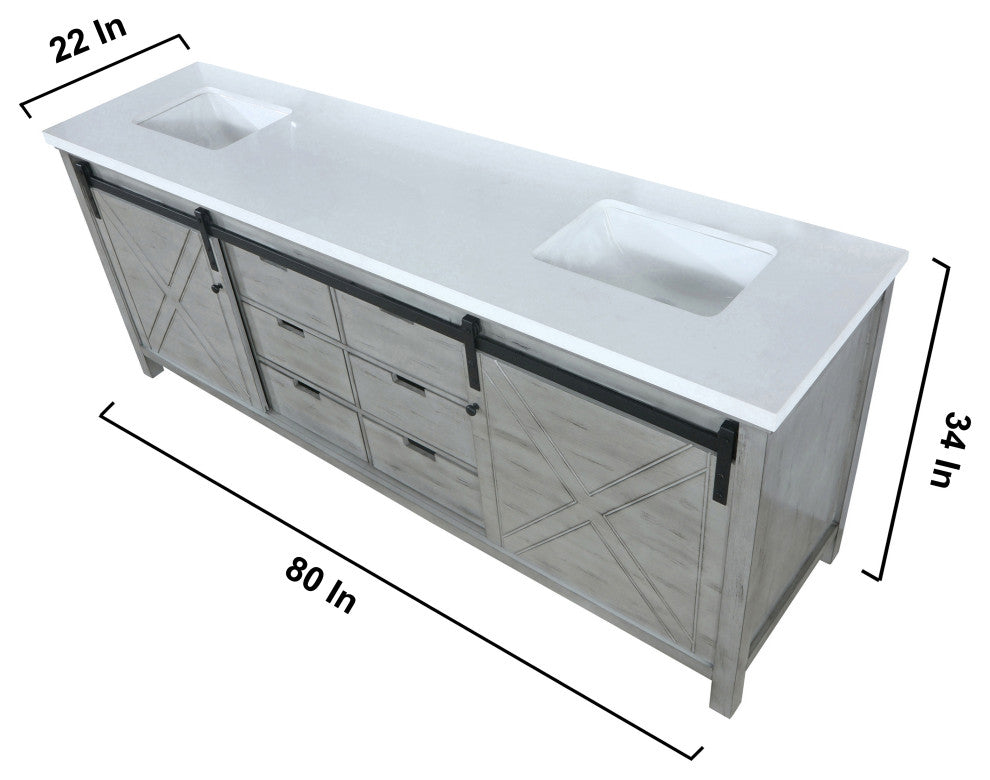Marsyas 80" Ash Gray Double Vanity Ash Gray Quartz Top Sinks, 30" Wall Mirrors
