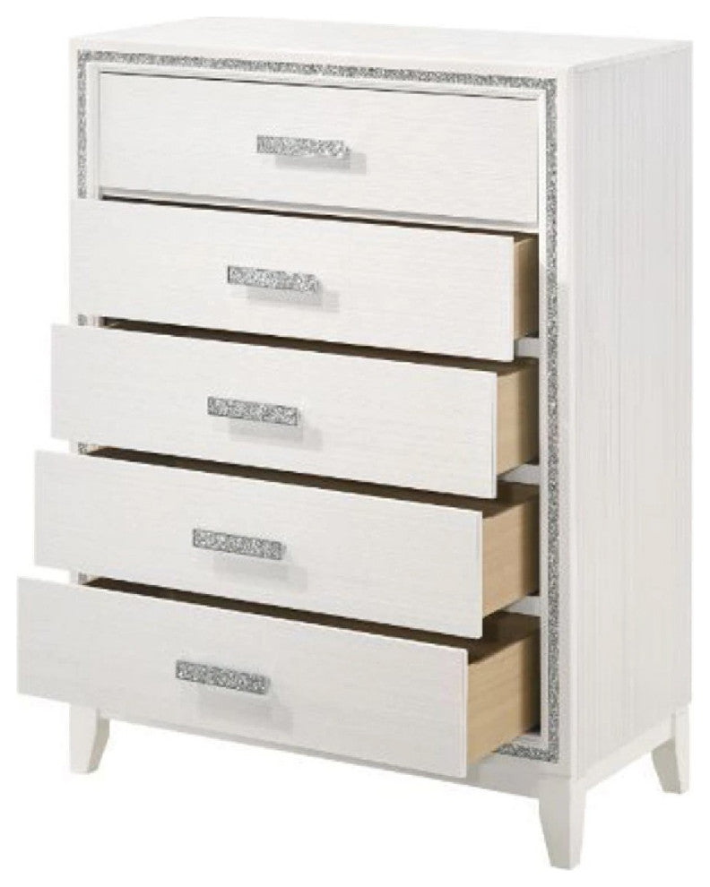 Benzara BM269073 Chest With 5 Drawers and Shimmer Accent Trim, White