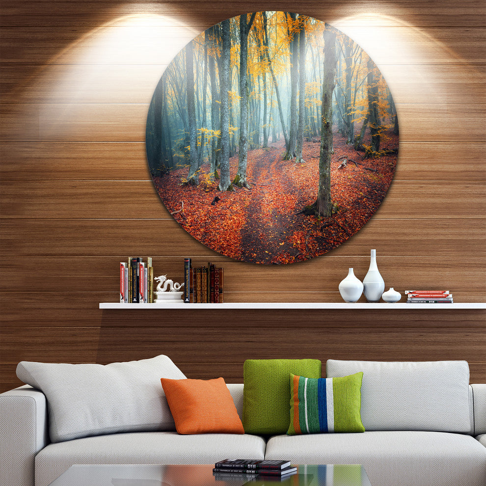 Red And Yellow Autumn Forest, Landscape Photo Disc Metal Wall Art, 11"