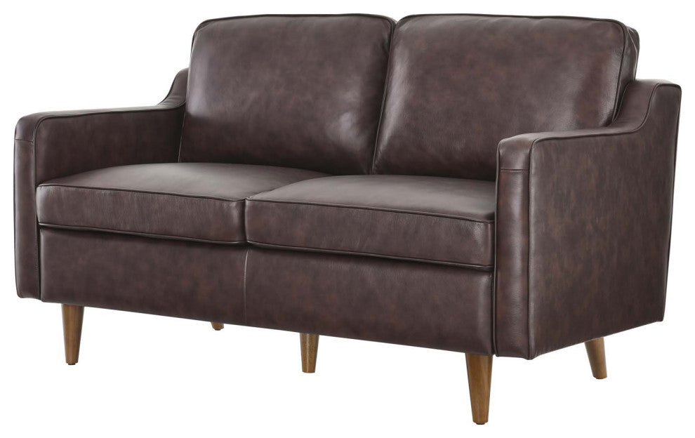 Loveseat Sofa, Brown, Leather, Modern, Mid Century Hotel Lounge Cafe Lobby