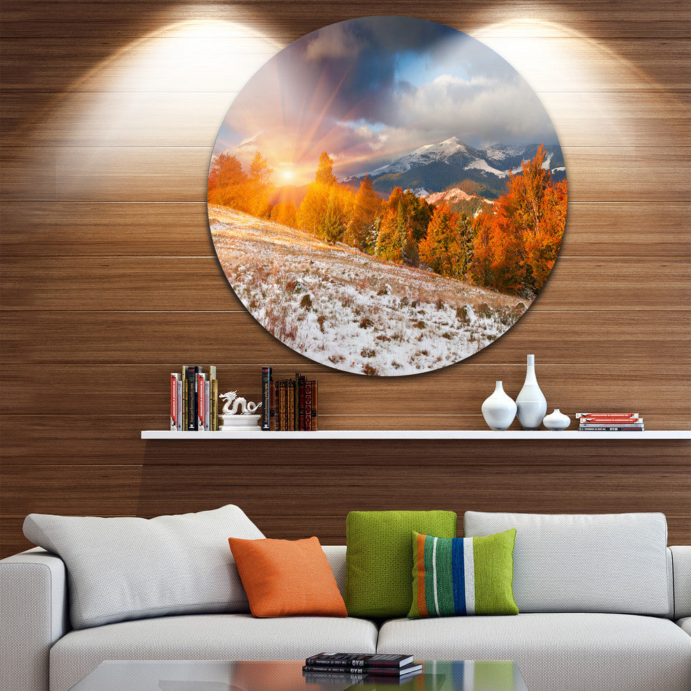 First Snow In Carpathian Mountains, Landscape Round Metal Wall Art, 11"