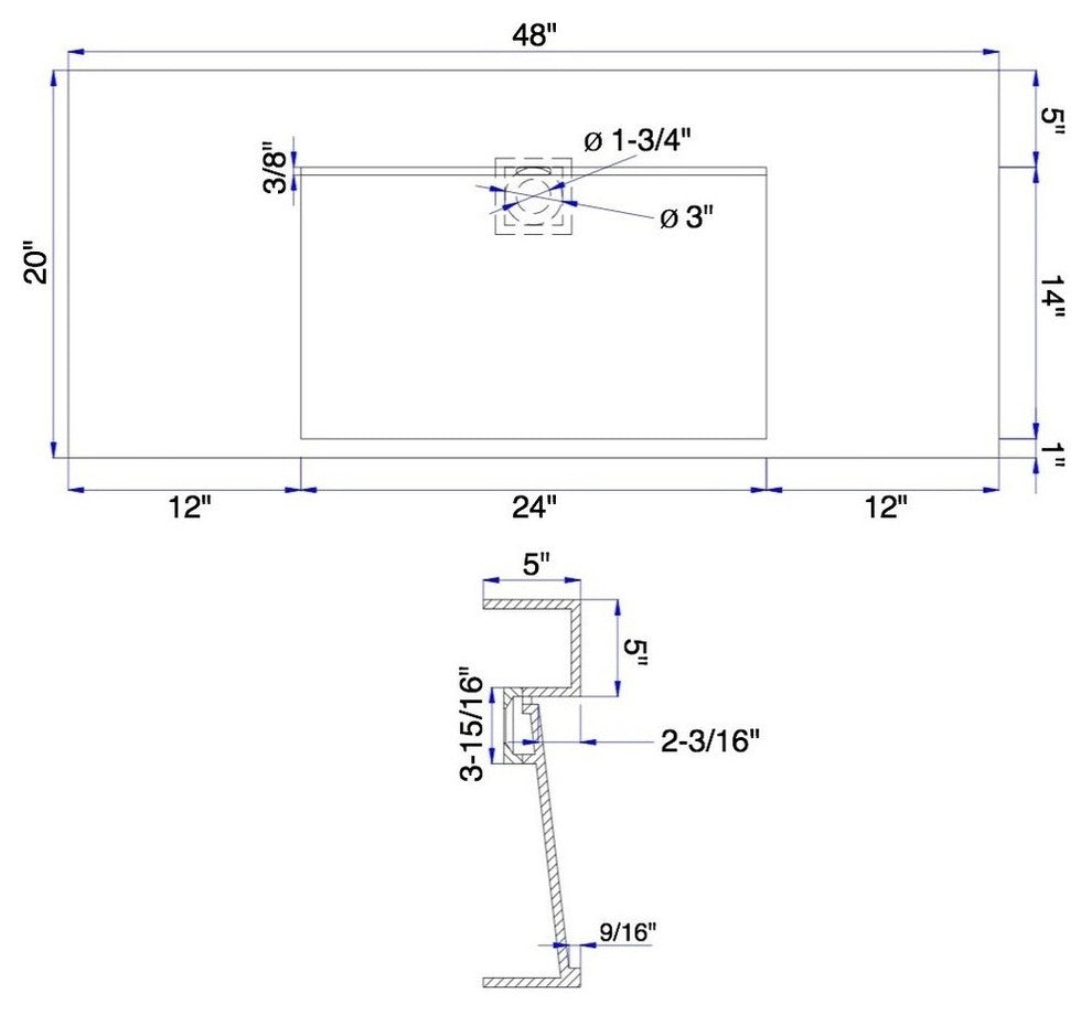 ADM Rectangular Wall Mounted Sink, White, 48", Matte White