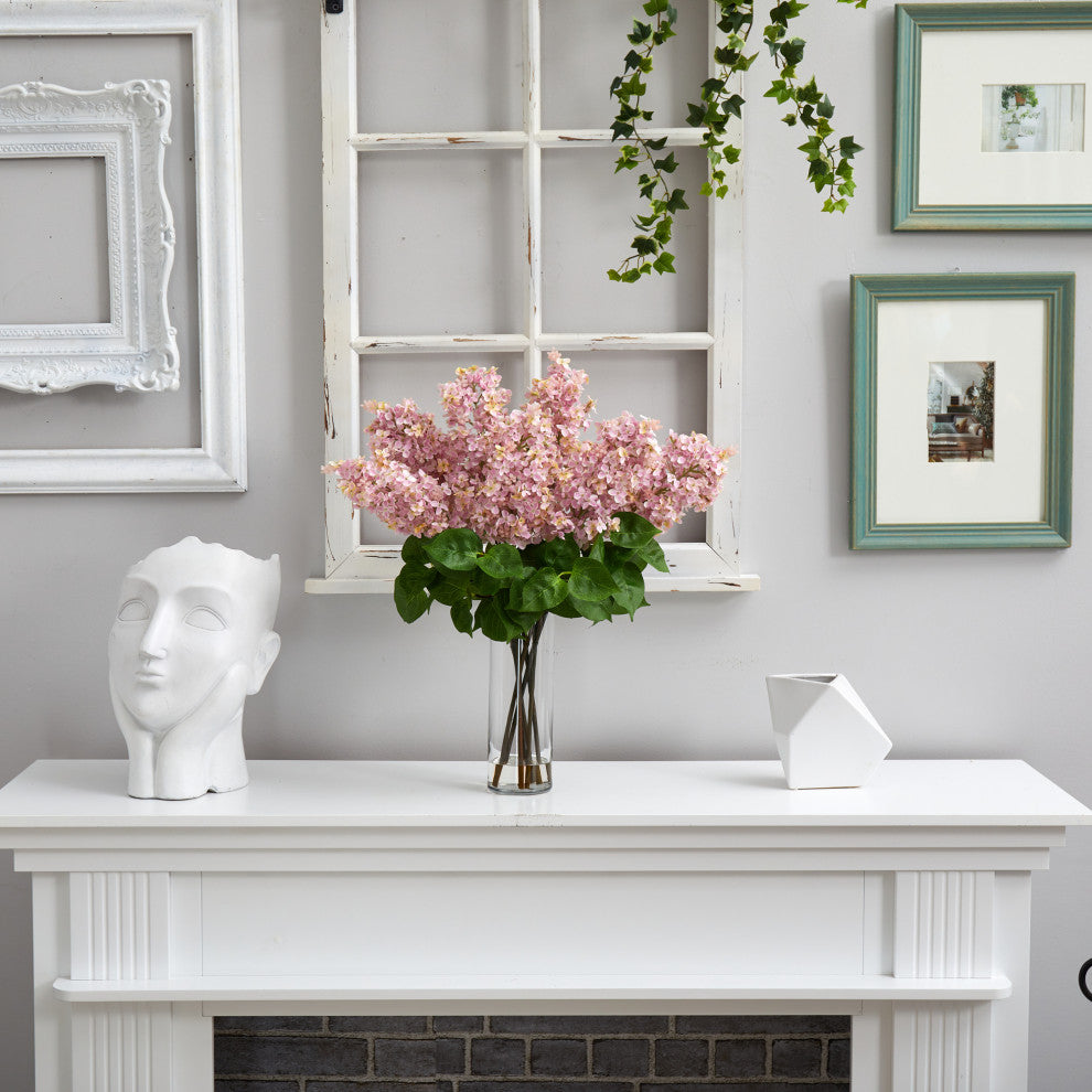 24in. Artificial Lilac Arrangement with Cylinder Glass Vase