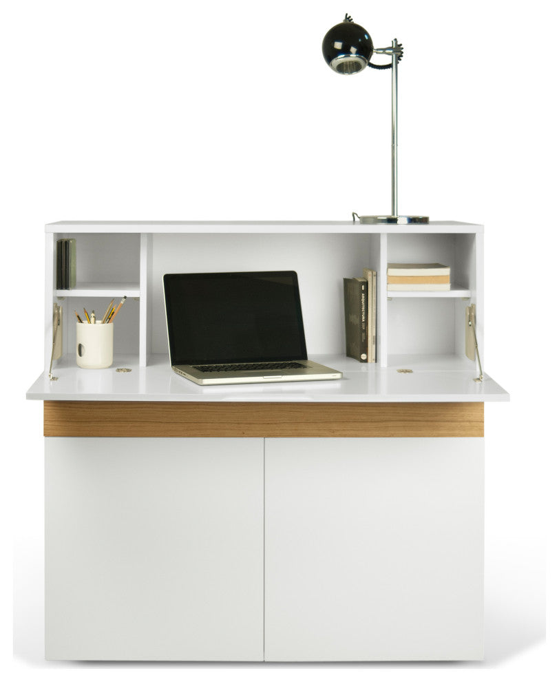 Modern Home Office Desk Hutch, White and Oak