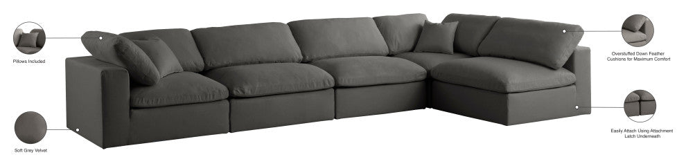 Plush Velvet / Down Standard Comfort L-Shaped Modular Sectional, Gray, 5-Piece: 3 Armless Chair, 2 Corner Chair