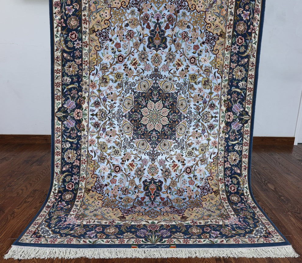 Super Fine Authentic Signed Persian Isfahan Hand Knotted Silk Rug, 5'x8'