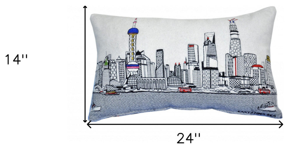 25" White Shanghai Daylight Skyline Lumbar Decorative Pillow