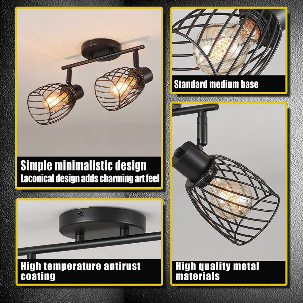 2 Light Semi Flush Mount, Farmhouse, Vintage, Cage, Black
