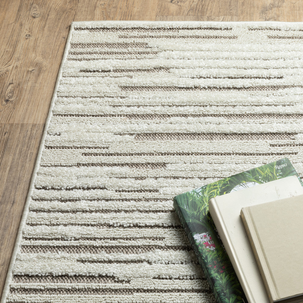 Temara Distressed Lines Ivory/ Brown Mixed Pile Area Rug 7'10" x 10'10"