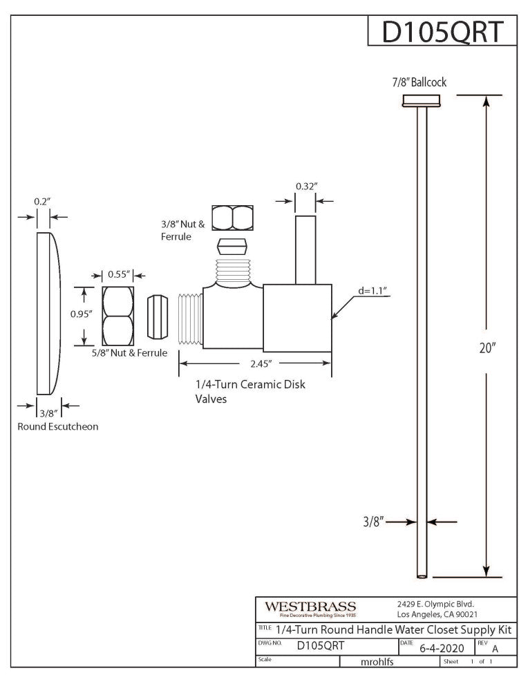Brass Toilet Kit 1/4-Turn Round Angle Stop 1/2" Copper x 3/8", Matte Black