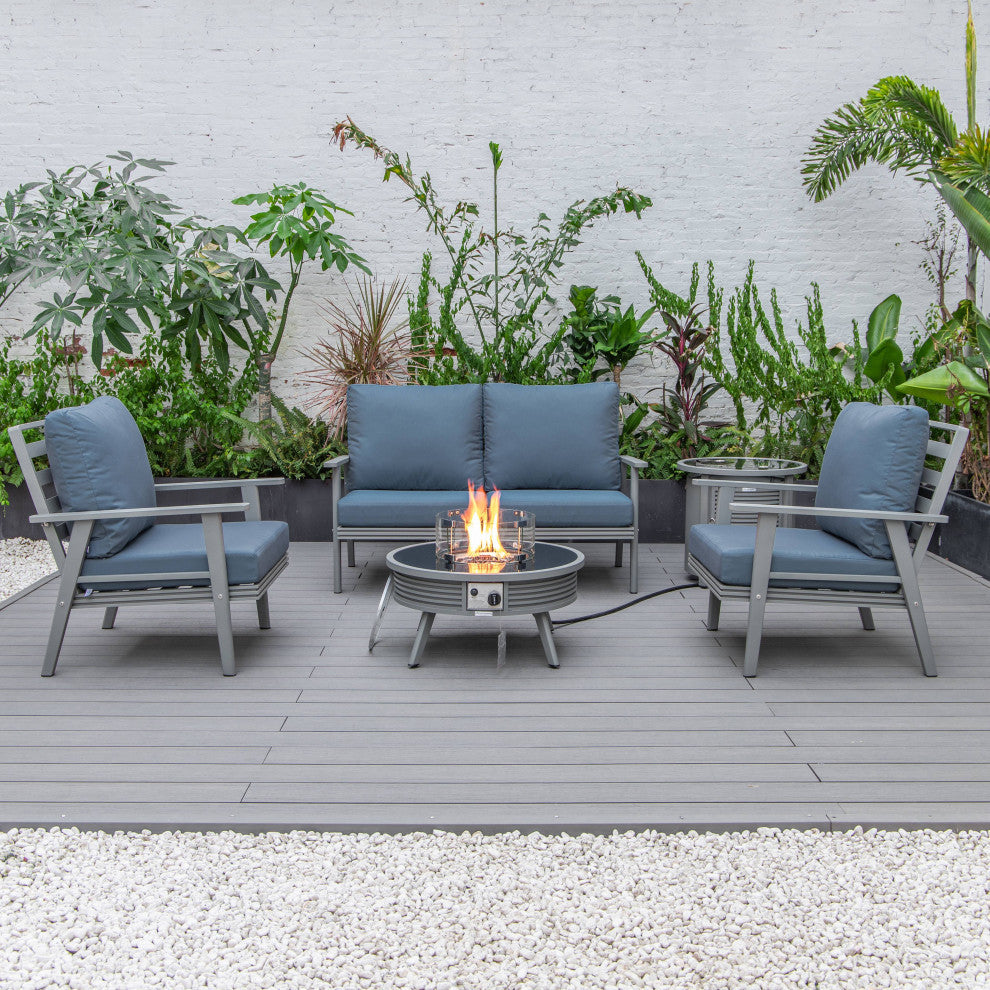 LeisureMod Walbrooke Patio Sofa Set With Round Fire Pit Table, Navy Blue